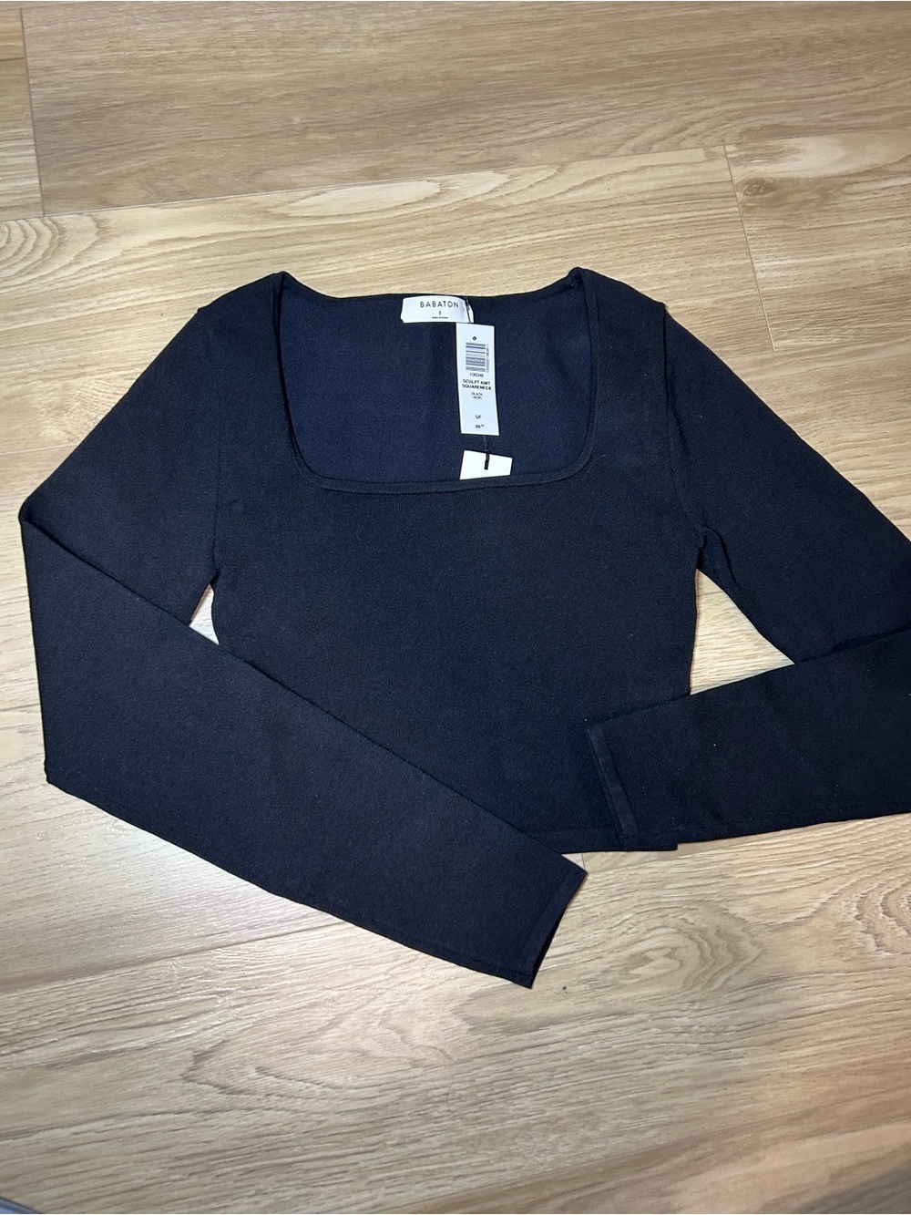 Babaton Black Square Neck Long Sleeve Ribbed Top